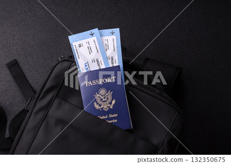 US passport, american visa for travel, document with tickets in travel bag. US passport 132350675