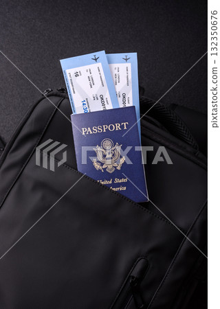 US passport, american visa for travel, document with tickets in travel bag. US passport 132350676
