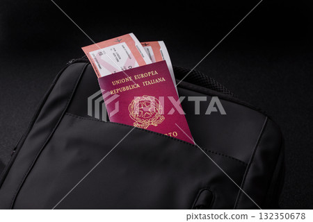 Italy passport, visa for travel, document with tickets in travel bag. Italian passport 132350678