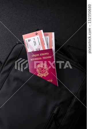 Italy passport, visa for travel, document with tickets in travel bag. Italian passport 132350680