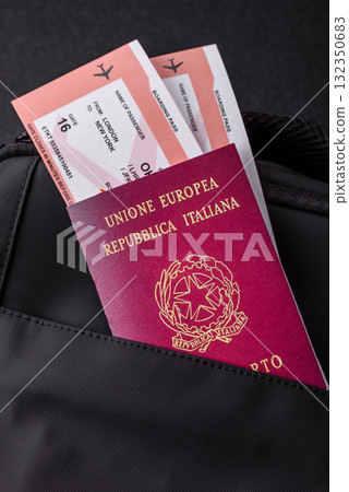 Italy passport, visa for travel, document with tickets in travel bag. Italian passport 132350683