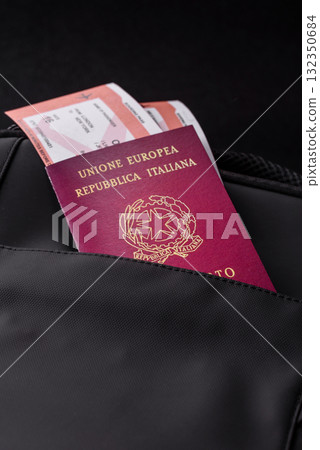 Italy passport, visa for travel, document with tickets in travel bag. Italian passport 132350684