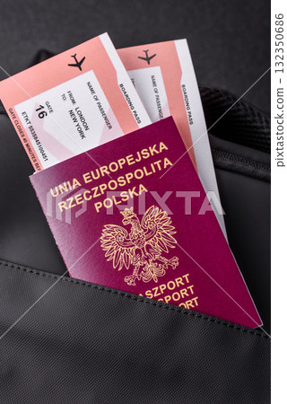 Poland passport, visa for travel, document with tickets in travel bag. Polish passport Poland passport, visa for travel, document with tickets in travel bag. Polish passport 132350686