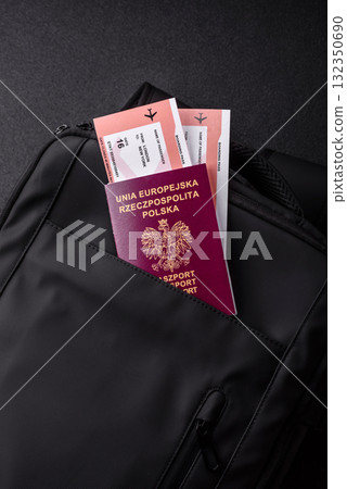 Poland passport, visa for travel, document with tickets in travel bag. Polish passport Poland passport, visa for travel, document with tickets in travel bag. Polish passport 132350690