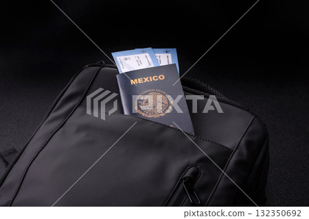Passport Mexico, visa for travel, document with tickets in travel bag. Mexican passport Passport Mexico, visa for travel, document with tickets in travel bag. Mexican passport 132350692
