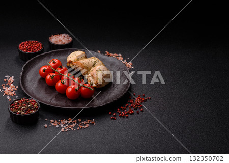 Chicken shish pieces fried on a skewer with salt and spices. Chicken shashlik 132350702