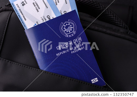 Passport South Korea, Travel Visa, Ticket Document in Travel Bag. Korean Passport 132350747