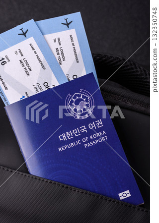 Passport South Korea, Travel Visa, Ticket Document in Travel Bag. Korean Passport 132350748