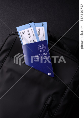 Passport South Korea, Travel Visa, Ticket Document in Travel Bag. Korean Passport 132350752