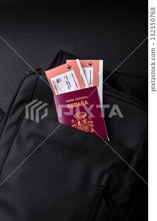 Passport Spain, visa for travel, document with tickets in travel bag. Spanish passport Passport Spain, visa for travel, document with tickets in travel bag. Spanish passport 132350768