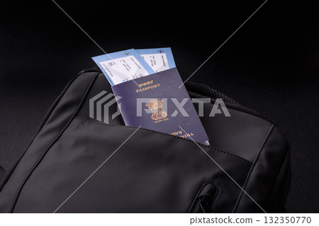 Passport India, visa for travel, document with tickets in travel bag. Indian passport 132350770