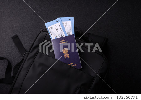 Passport India, visa for travel, document with tickets in travel bag. Indian passport 132350771