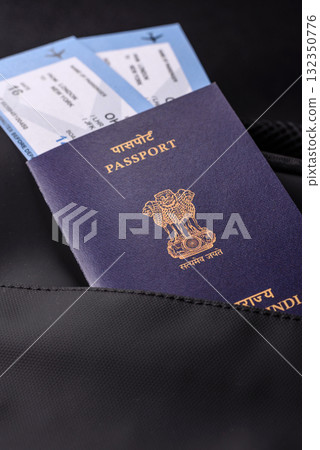 Passport India, visa for travel, document with tickets in travel bag. Indian passport Passport India, visa for travel, document with tickets in travel bag. Indian passport 132350776