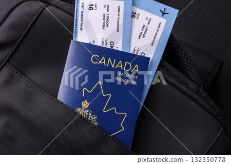 Passport Canada, visa for travel, document with tickets in travel bag. Canadian passport Passport Canada, visa for travel, document with tickets in travel bag. Canadian passport 132350778