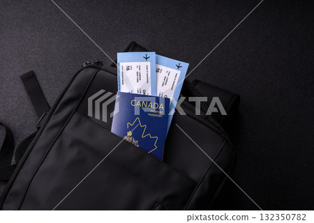 Passport Canada, visa for travel, document with tickets in travel bag. Canadian passport Passport Canada, visa for travel, document with tickets in travel bag. Canadian passport 132350782