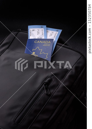 Passport Canada, visa for travel, document with tickets in travel bag. Canadian passport Passport Canada, visa for travel, document with tickets in travel bag. Canadian passport 132350784