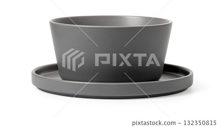 Grey ceramic bowl with saucer on white background Grey ceramic bowl with saucer on white background 132350815