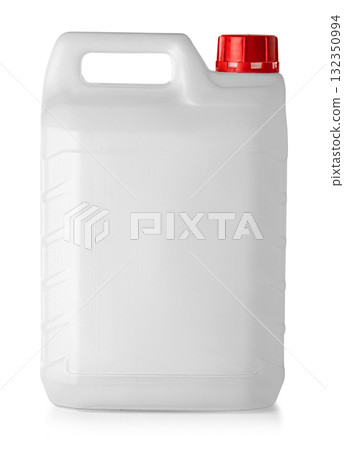Plastic canister containing liquid with red cap on white background Plastic canister containing liquid with red cap on white background 132350994