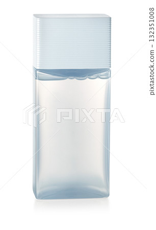 Skincare cosmetic bottle with clear liquid and light blue cap 132351008
