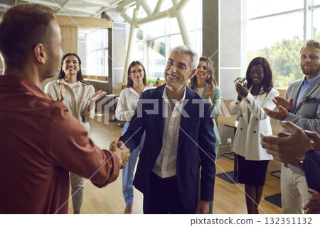 Business people standing in office making deal on meeting. Two mature men shaking hands. 132351132