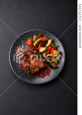 Pork breast steak, grilled fillet, healthy food, lunch. Pork steak as food background Pork breast steak, grilled fillet, healthy food, lunch. Pork steak as food background 132351341