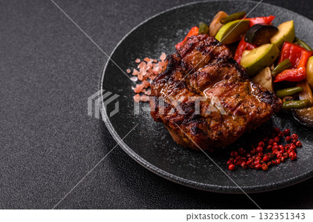 Pork breast steak, grilled fillet, healthy food, lunch. Pork steak as food background Pork breast steak, grilled fillet, healthy food, lunch. Pork steak as food background 132351343