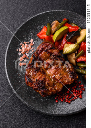 Pork breast steak, grilled fillet, healthy food, lunch. Pork steak as food background Pork breast steak, grilled fillet, healthy food, lunch. Pork steak as food background 132351345