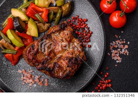 Pork breast steak, grilled fillet, healthy food, lunch. Pork steak as food background Pork breast steak, grilled fillet, healthy food, lunch. Pork steak as food background 132351346