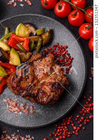 Pork breast steak, grilled fillet, healthy food, lunch. Pork steak as food background Pork breast steak, grilled fillet, healthy food, lunch. Pork steak as food background 132351347