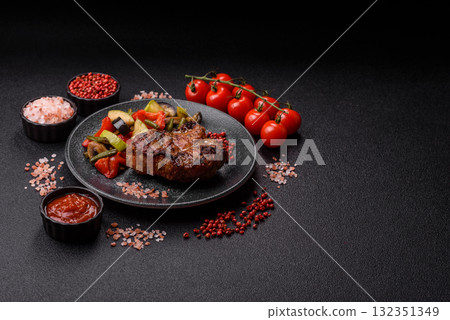 Pork breast steak, grilled fillet, healthy food, lunch. Pork steak as food background Pork breast steak, grilled fillet, healthy food, lunch. Pork steak as food background 132351349