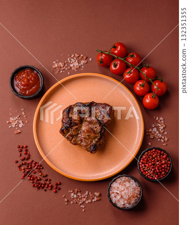 Pork breast steak, grilled fillet, healthy food, lunch. Pork steak as food background 132351355