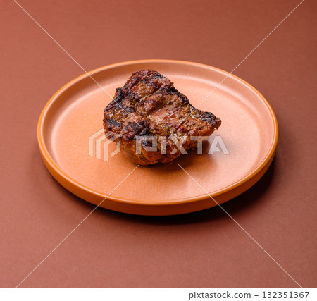 Pork breast steak, grilled fillet, healthy food, lunch. Pork steak as food background 132351367
