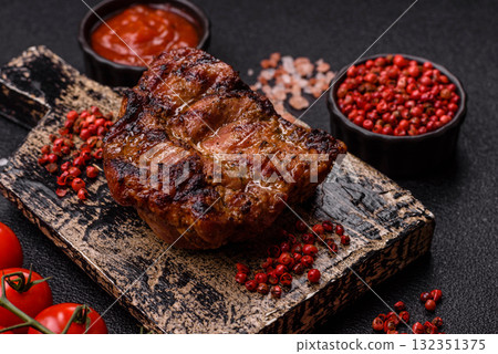 Pork breast steak, grilled fillet, healthy food, lunch. Pork steak as food background 132351375