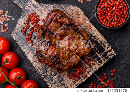 Pork breast steak, grilled fillet, healthy food, lunch. Pork steak as food background 132351376