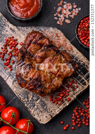 Pork breast steak, grilled fillet, healthy food, lunch. Pork steak as food background 132351377