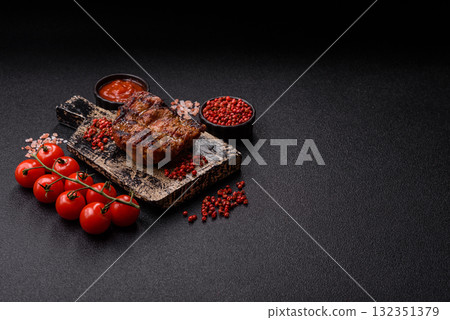 Pork breast steak, grilled fillet, healthy food, lunch. Pork steak as food background Pork breast steak, grilled fillet, healthy food, lunch. Pork steak as food background 132351379