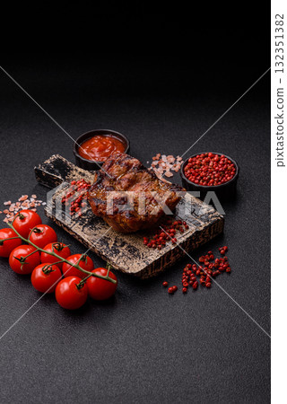 Pork breast steak, grilled fillet, healthy food, lunch. Pork steak as food background 132351382