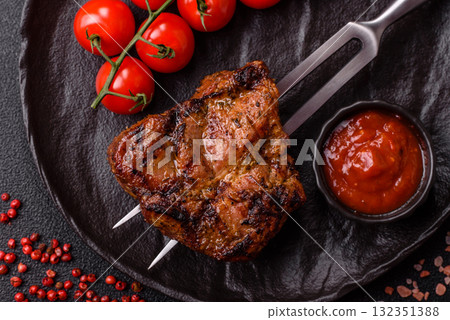 Pork breast steak, grilled fillet, healthy food, lunch. Pork steak as food background 132351388