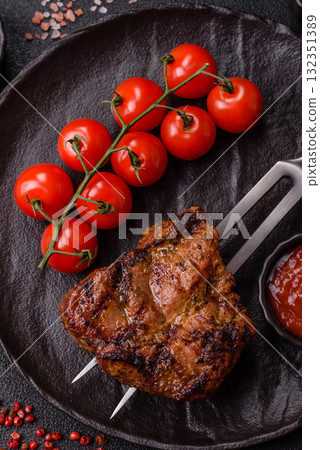 Pork breast steak, grilled fillet, healthy food, lunch. Pork steak as food background Pork breast steak, grilled fillet, healthy food, lunch. Pork steak as food background 132351389