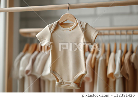 A beige baby bodysuit hangs on a hanger in a children's clothing store. Space for text or a logo on the garment. 132351420