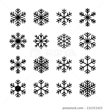 Unique black snowflake designs arranged in a grid pattern ideal for winter decorations 132351425