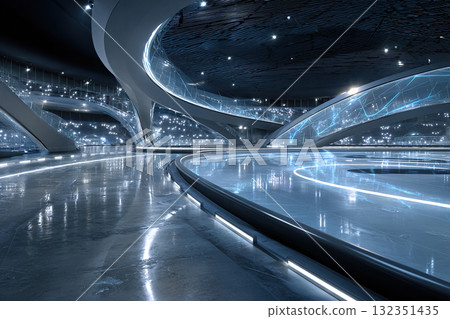 An indoor stadium for sporting events with digital design elements. 132351435