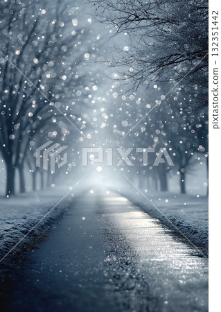 Vertical winter landscape with snow-covered trees above the alley and silver bokeh. 132351442