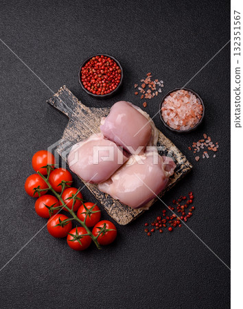 Chicken or turkey raw thigh fillet, skinless and boneless poultry meat. Chicken thigh fillet 132351567