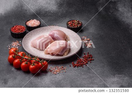 Chicken or turkey raw thigh fillet, skinless and boneless poultry meat. Chicken thigh fillet 132351580