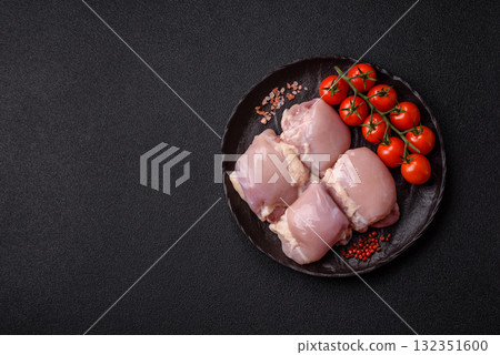 Chicken or turkey raw thigh fillet, skinless and boneless poultry meat. Chicken thigh fillet 132351600