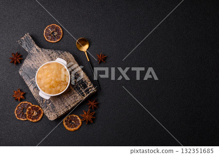 Apple sweet sauce, baby food, canned ingredient for desserts. Apple sauce 132351685