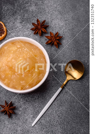 Apple sweet sauce, baby food, canned ingredient for desserts. Apple sauce 132351740