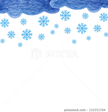 A square frame with hand-drawn clouds and snowflakes. Drawing with colored pencils. Winter template in the form of a child's drawing with an empty place to insert. Snowfall. A square frame with hand-drawn clouds and snowflakes. Drawing with colored pencils. Winter template in the form of a child's drawing with an empty place to insert. Snowfall. 132351784