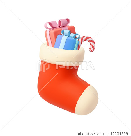 3d Christmas Stocking Filled with Gifts and Candy Cane 3d Christmas Stocking Filled with Gifts and Candy Cane 132351899